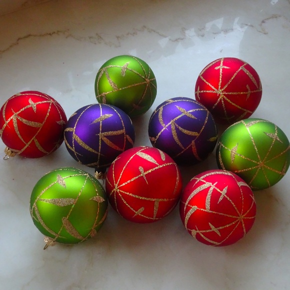 Set of 9 Made in Poland Purple Green & Red Glittery Glass Ball Xmas Ornaments - Picture 12 of 12